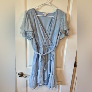 Floral print, baby blue, wrap dress. Lauren Conrad